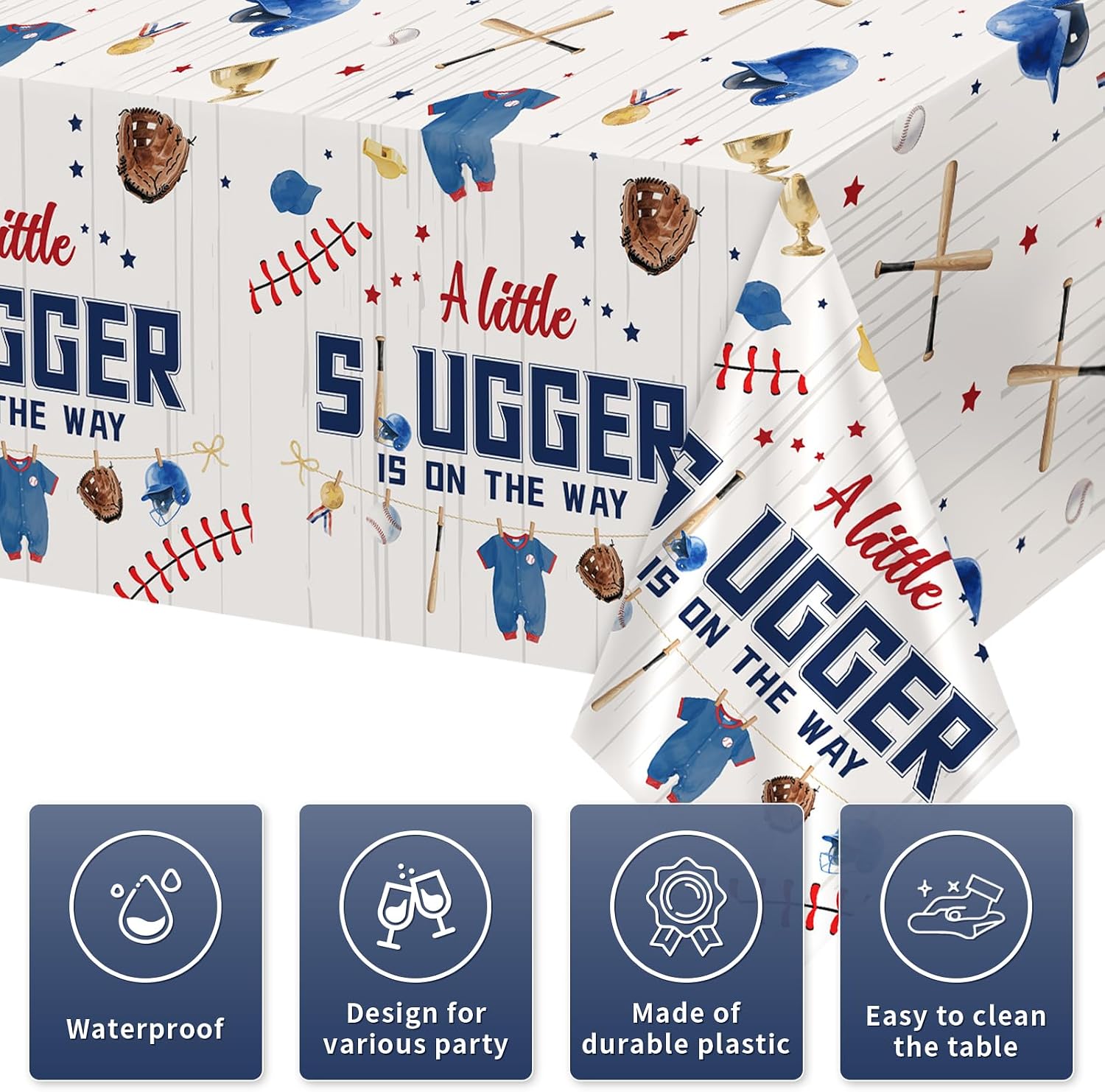 3Pcs Baseball Baby Shower Tablecloth 54" x 108" - A Little Slugger is on the Way Rectangle Table Cover for Boys - Grencian