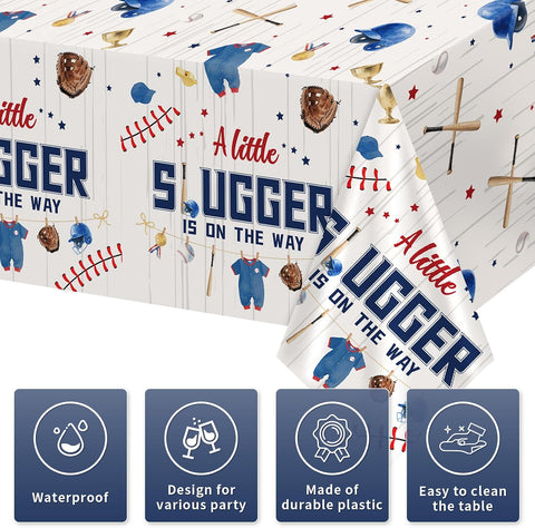 3Pcs Baseball Baby Shower Tablecloth 54" x 108" - A Little Slugger is on the Way Rectangle Table Cover for Boys - Grencian
