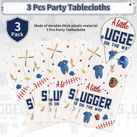 3Pcs Baseball Baby Shower Tablecloth 54" x 108" - A Little Slugger is on the Way Rectangle Table Cover for Boys - Grencian