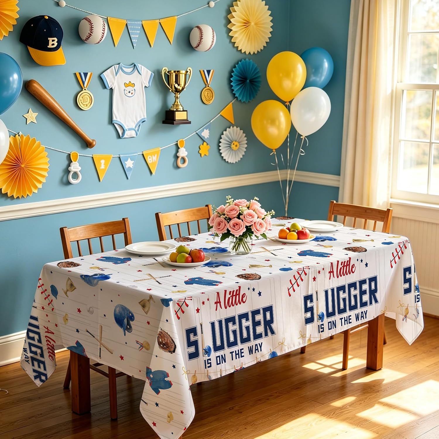 3Pcs Baseball Baby Shower Tablecloth 54" x 108" - A Little Slugger is on the Way Rectangle Table Cover for Boys - Grencian