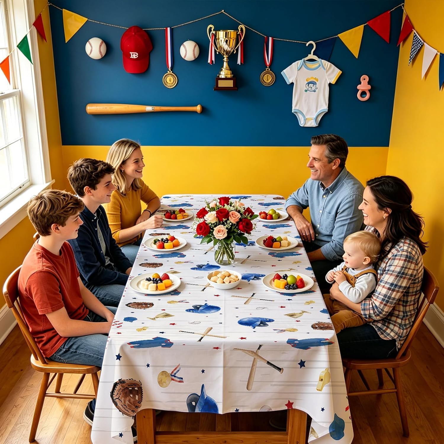 3Pcs Baseball Baby Shower Tablecloth 54" x 108" - A Little Slugger is on the Way Rectangle Table Cover for Boys - Grencian