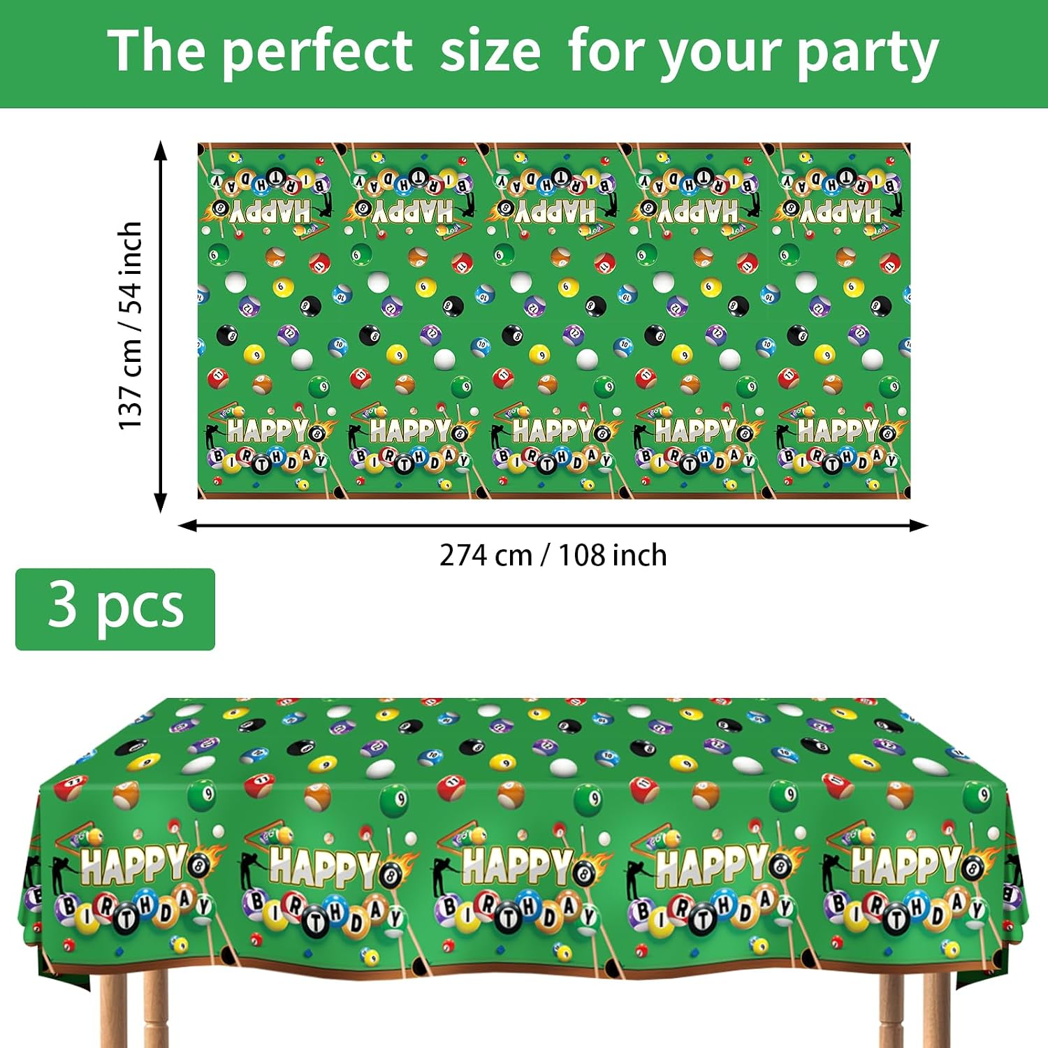 3Pcs Billiards Birthday Tablecloth 54" x 108" - Snooker Ball Pool Sports Rectangle Table Cover for Birthday - Grencian
