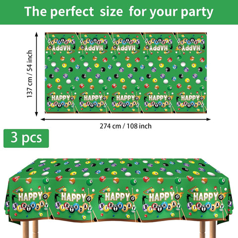 3Pcs Billiards Birthday Tablecloth 54" x 108" - Snooker Ball Pool Sports Rectangle Table Cover for Birthday - Grencian