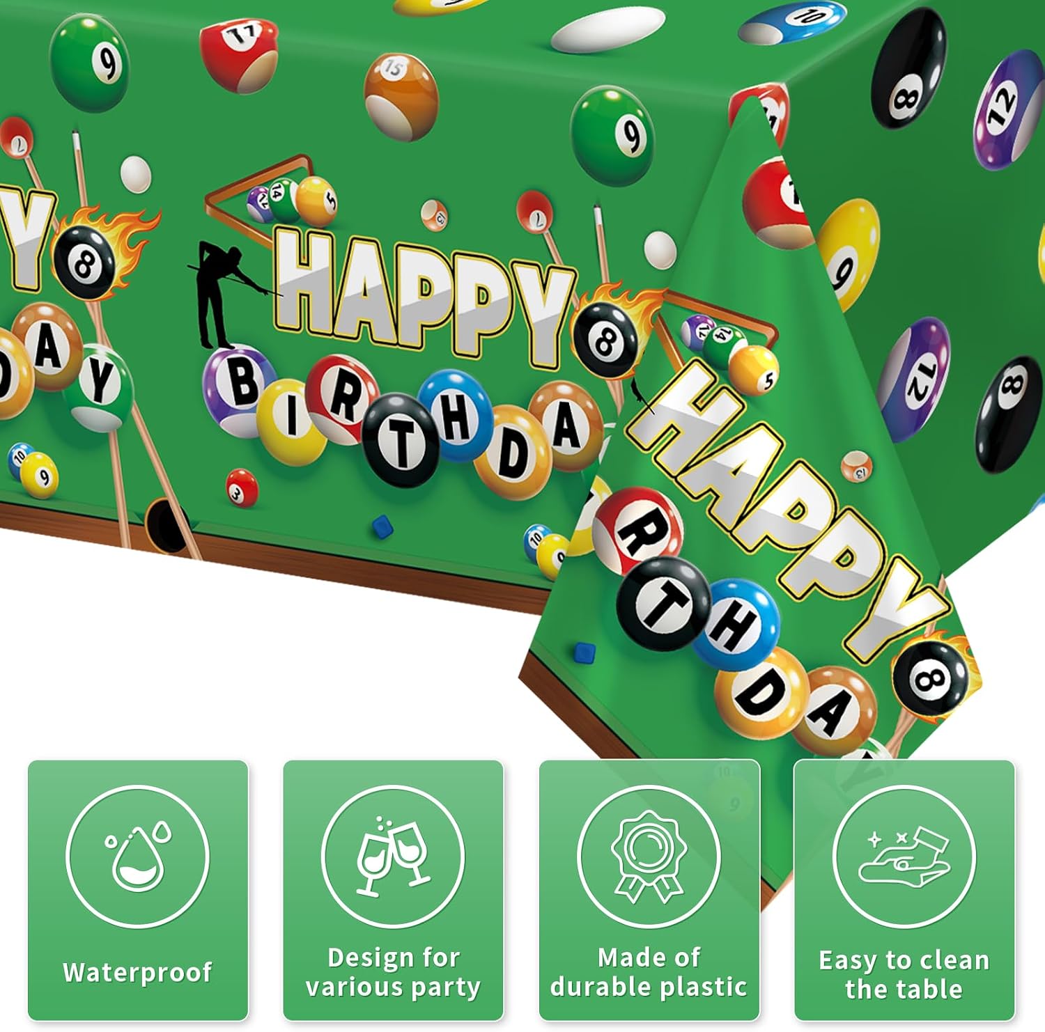 3Pcs Billiards Birthday Tablecloth 54" x 108" - Snooker Ball Pool Sports Rectangle Table Cover for Birthday - Grencian