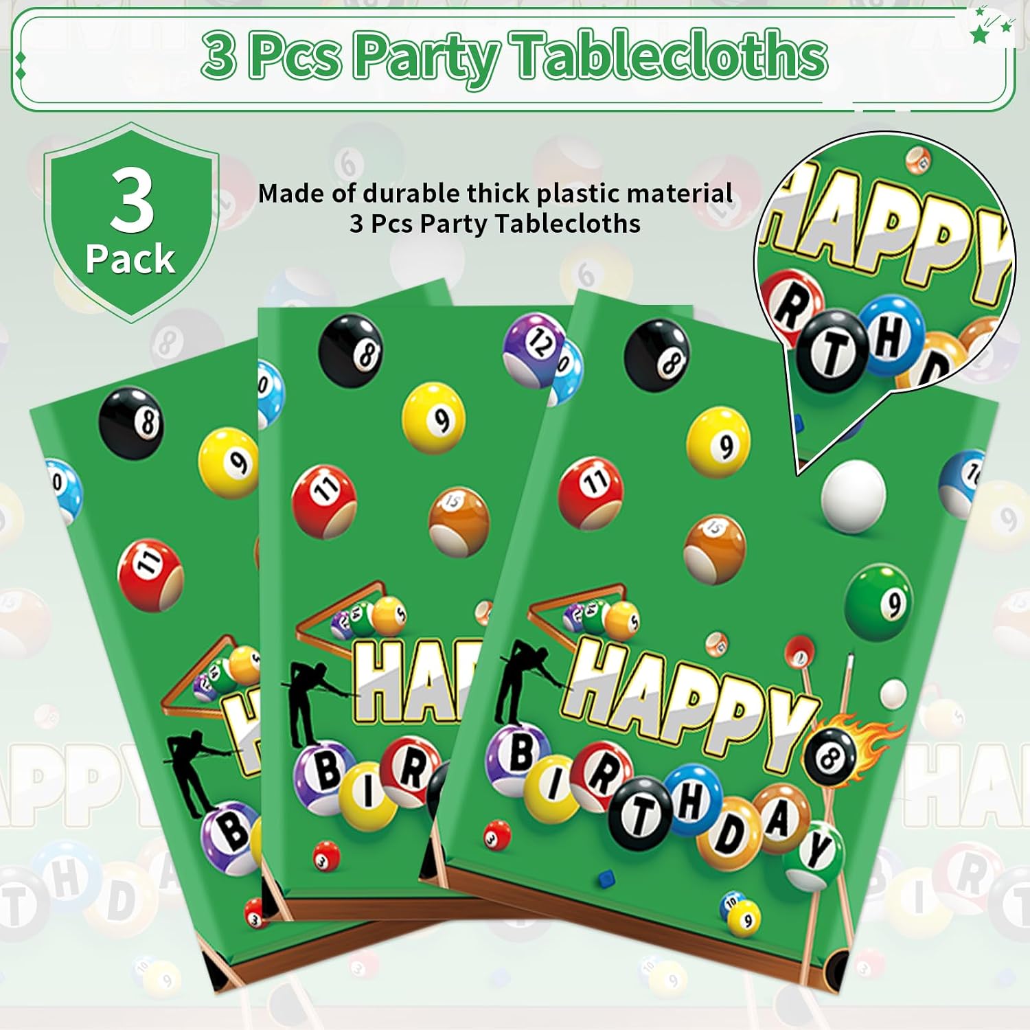 3Pcs Billiards Birthday Tablecloth 54" x 108" - Snooker Ball Pool Sports Rectangle Table Cover for Birthday - Grencian