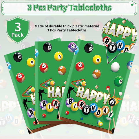 3Pcs Billiards Birthday Tablecloth 54" x 108" - Snooker Ball Pool Sports Rectangle Table Cover for Birthday - Grencian
