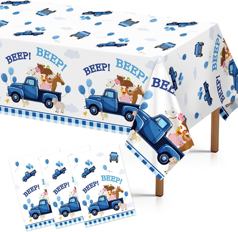 3Pcs Blue Truck Birthday Tablecloth 54" x 108" - Beep Beep Farm Animal Rectangle Table Cover for Kids Boys 1st 2nd 3rd Birthday - Grencian