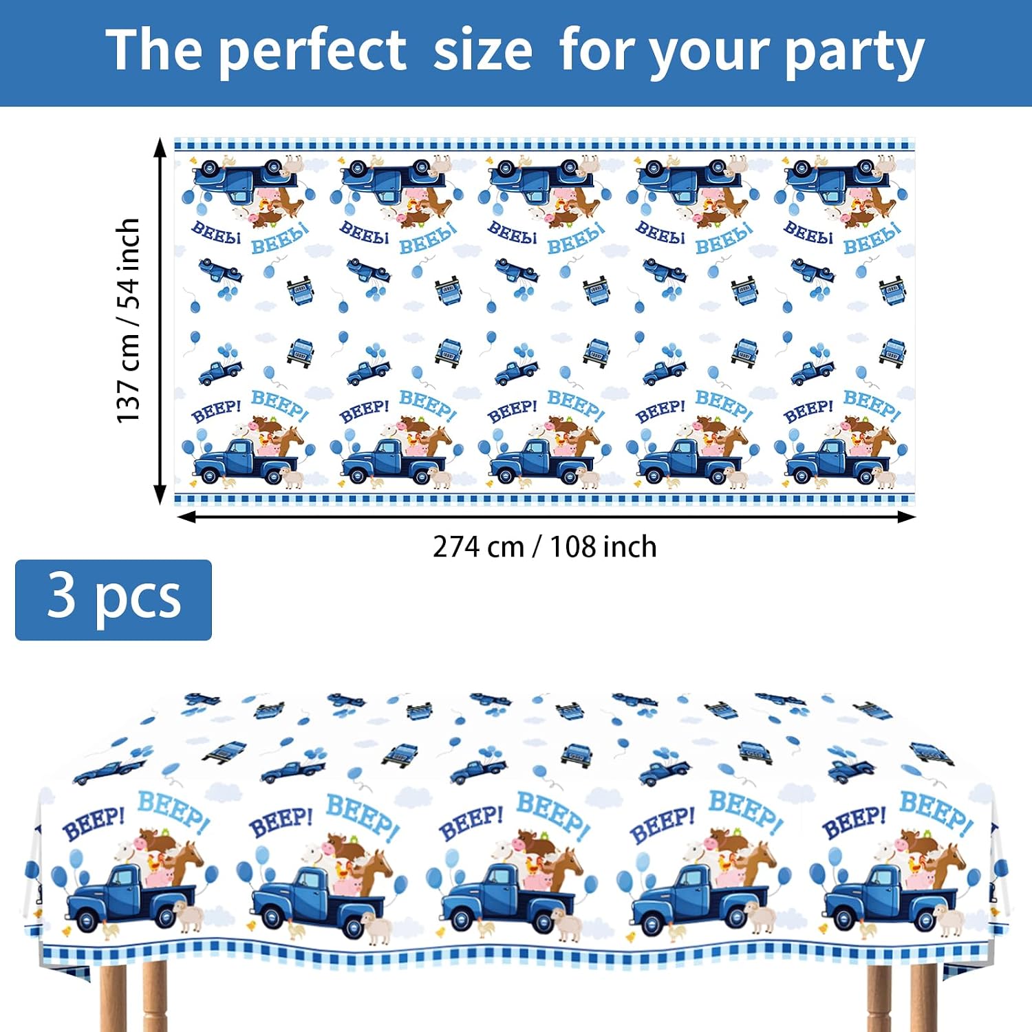 3Pcs Blue Truck Birthday Tablecloth 54" x 108" - Beep Beep Farm Animal Rectangle Table Cover for Kids Boys 1st 2nd 3rd Birthday - Grencian