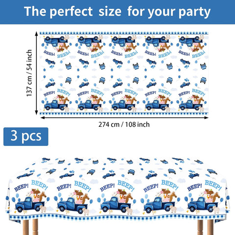 3Pcs Blue Truck Birthday Tablecloth 54" x 108" - Beep Beep Farm Animal Rectangle Table Cover for Kids Boys 1st 2nd 3rd Birthday - Grencian