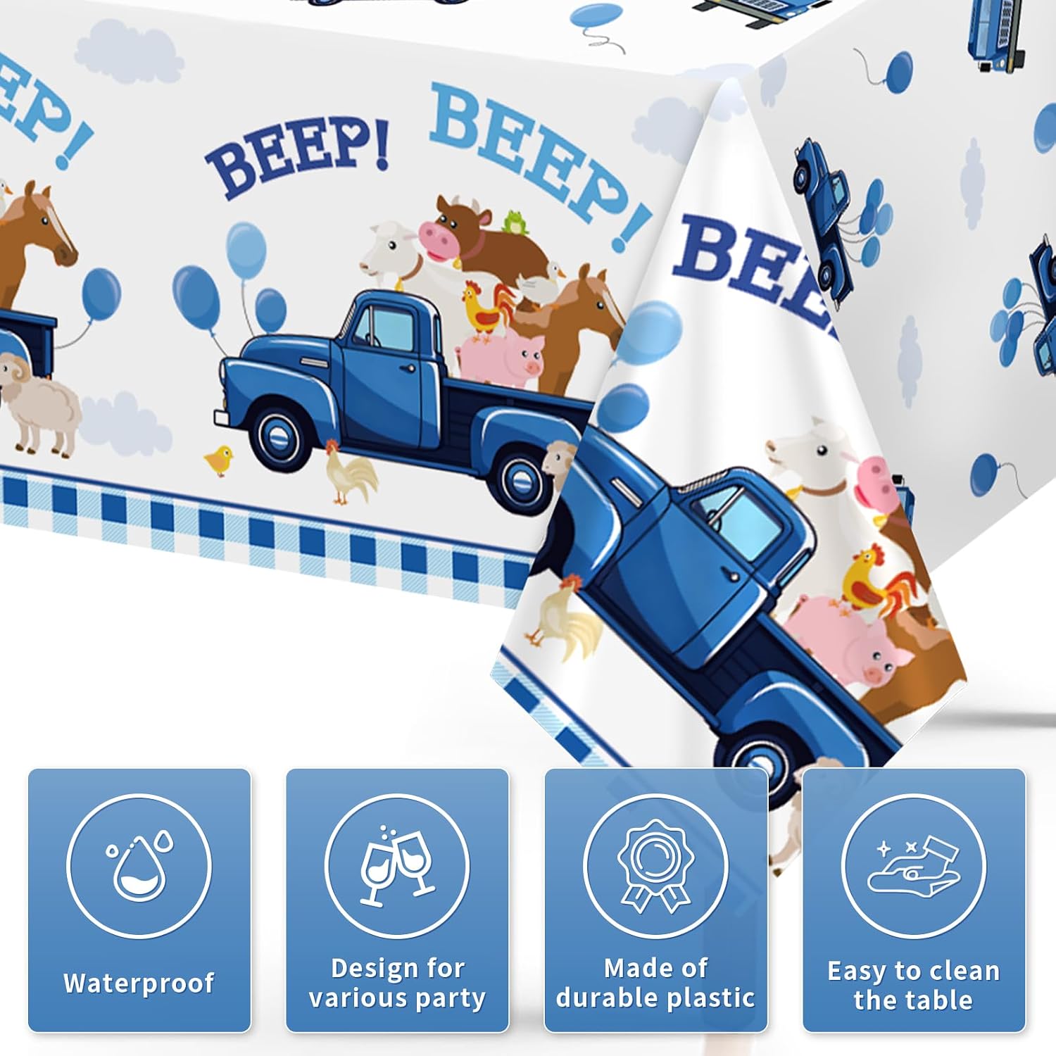 3Pcs Blue Truck Birthday Tablecloth 54" x 108" - Beep Beep Farm Animal Rectangle Table Cover for Kids Boys 1st 2nd 3rd Birthday - Grencian