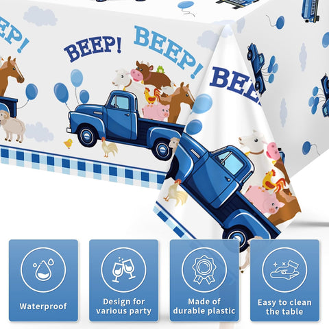 3Pcs Blue Truck Birthday Tablecloth 54" x 108" - Beep Beep Farm Animal Rectangle Table Cover for Kids Boys 1st 2nd 3rd Birthday - Grencian