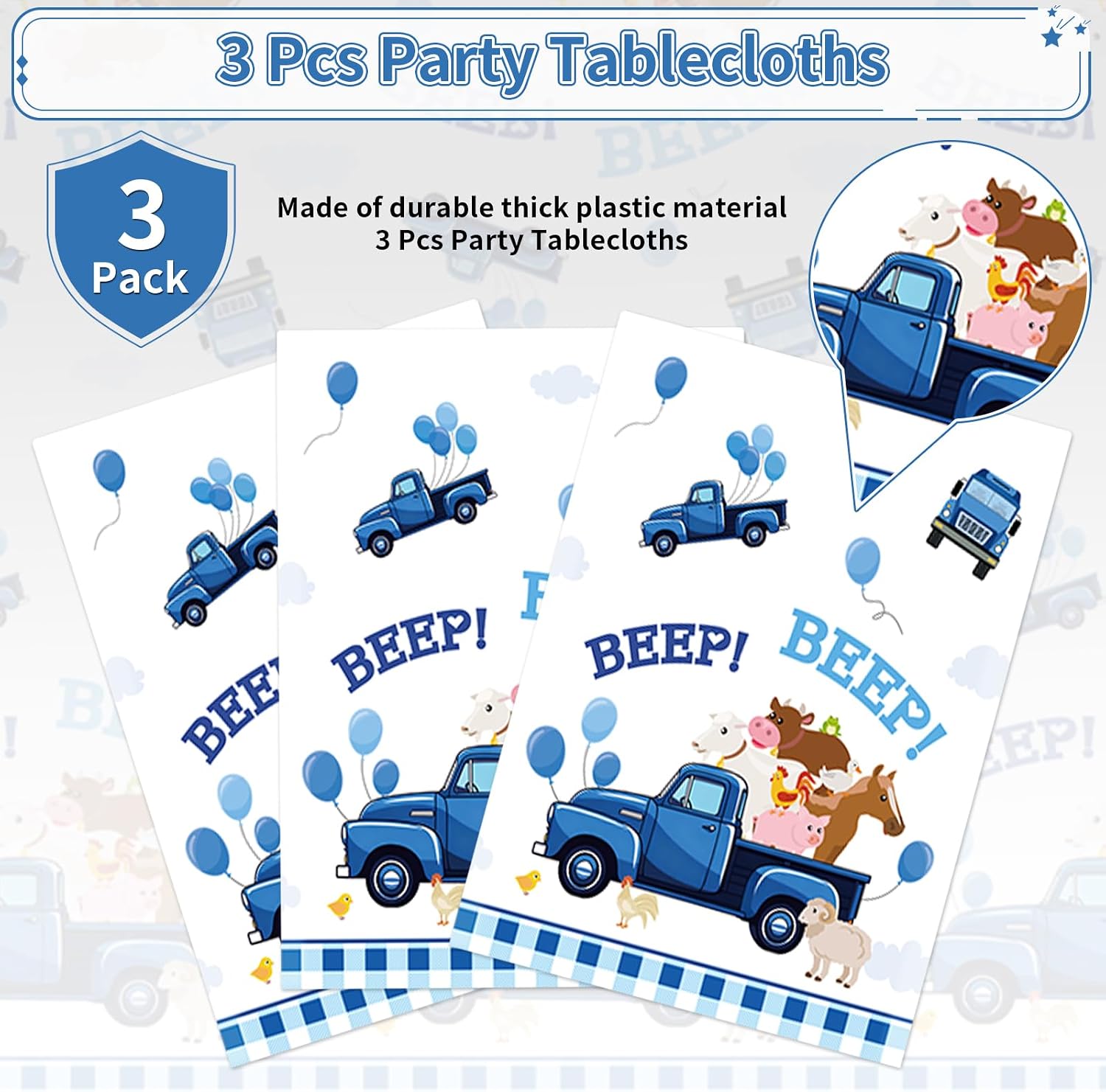 3Pcs Blue Truck Birthday Tablecloth 54" x 108" - Beep Beep Farm Animal Rectangle Table Cover for Kids Boys 1st 2nd 3rd Birthday - Grencian