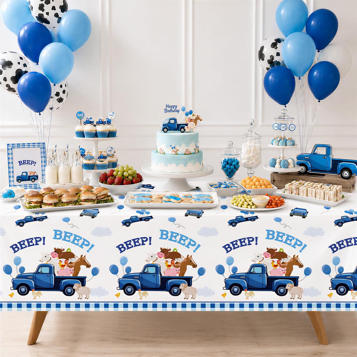 3Pcs Blue Truck Birthday Tablecloth 54" x 108" - Beep Beep Farm Animal Rectangle Table Cover for Kids Boys 1st 2nd 3rd Birthday - Grencian