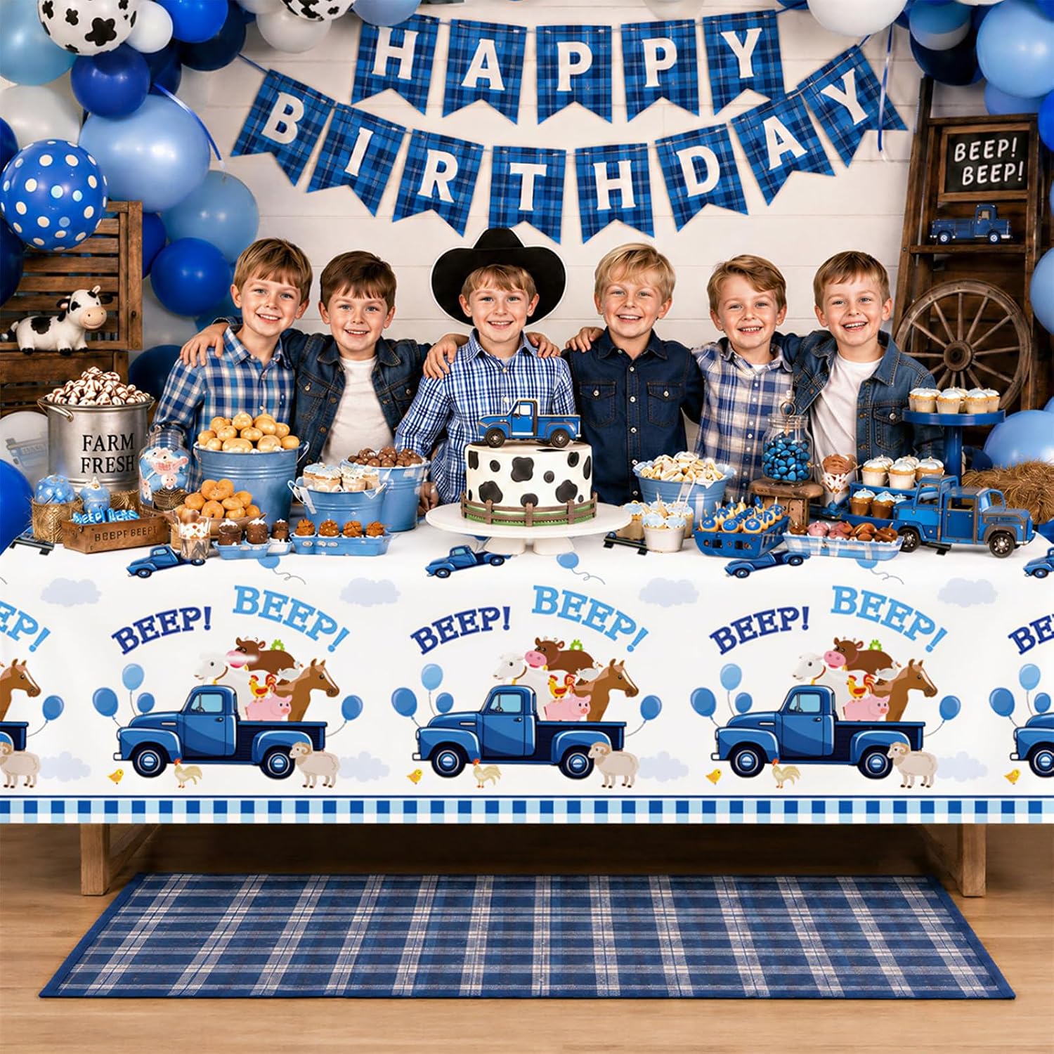3Pcs Blue Truck Birthday Tablecloth 54" x 108" - Beep Beep Farm Animal Rectangle Table Cover for Kids Boys 1st 2nd 3rd Birthday - Grencian