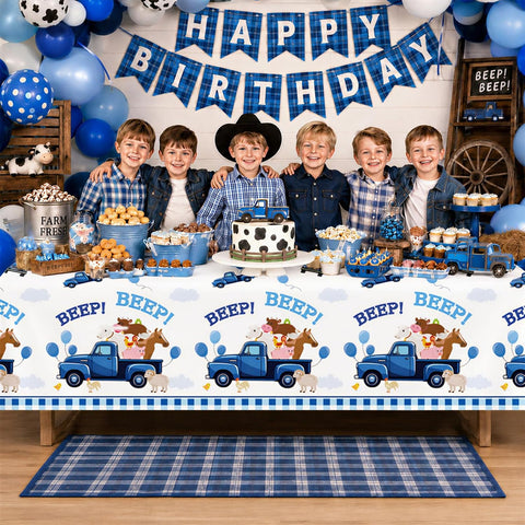 3Pcs Blue Truck Birthday Tablecloth 54" x 108" - Beep Beep Farm Animal Rectangle Table Cover for Kids Boys 1st 2nd 3rd Birthday - Grencian