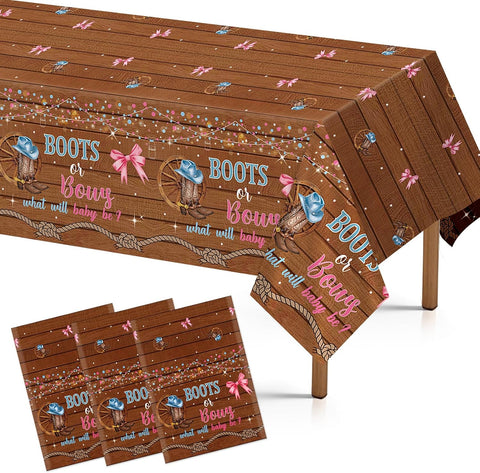 3Pcs Boots or Bows Gender Reveal Tablecloth 54" x 108" - Blue or Pink Cowboy Western Rectangle Table Cloth - Grencian