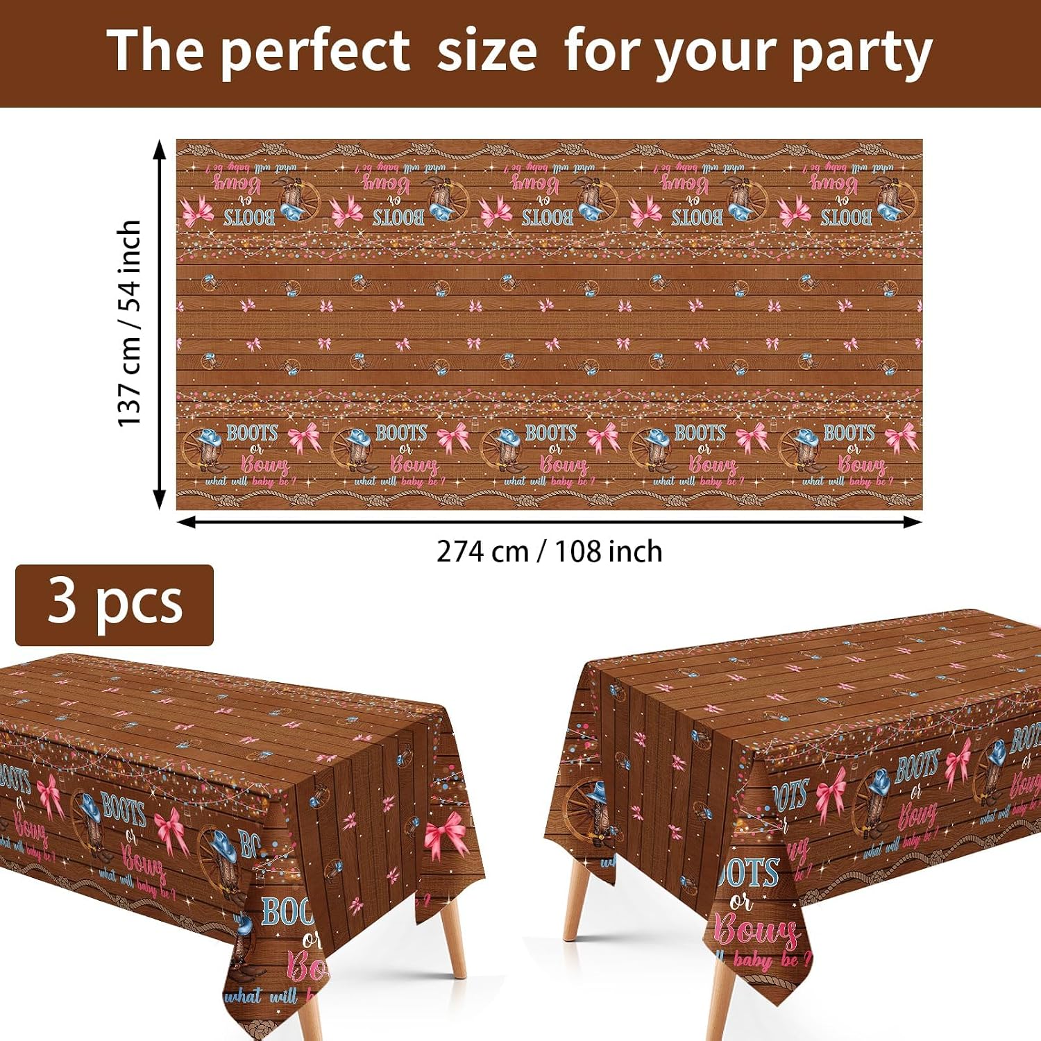 3Pcs Boots or Bows Gender Reveal Tablecloth 54" x 108" - Blue or Pink Cowboy Western Rectangle Table Cloth - Grencian