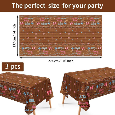 3Pcs Boots or Bows Gender Reveal Tablecloth 54" x 108" - Blue or Pink Cowboy Western Rectangle Table Cloth - Grencian
