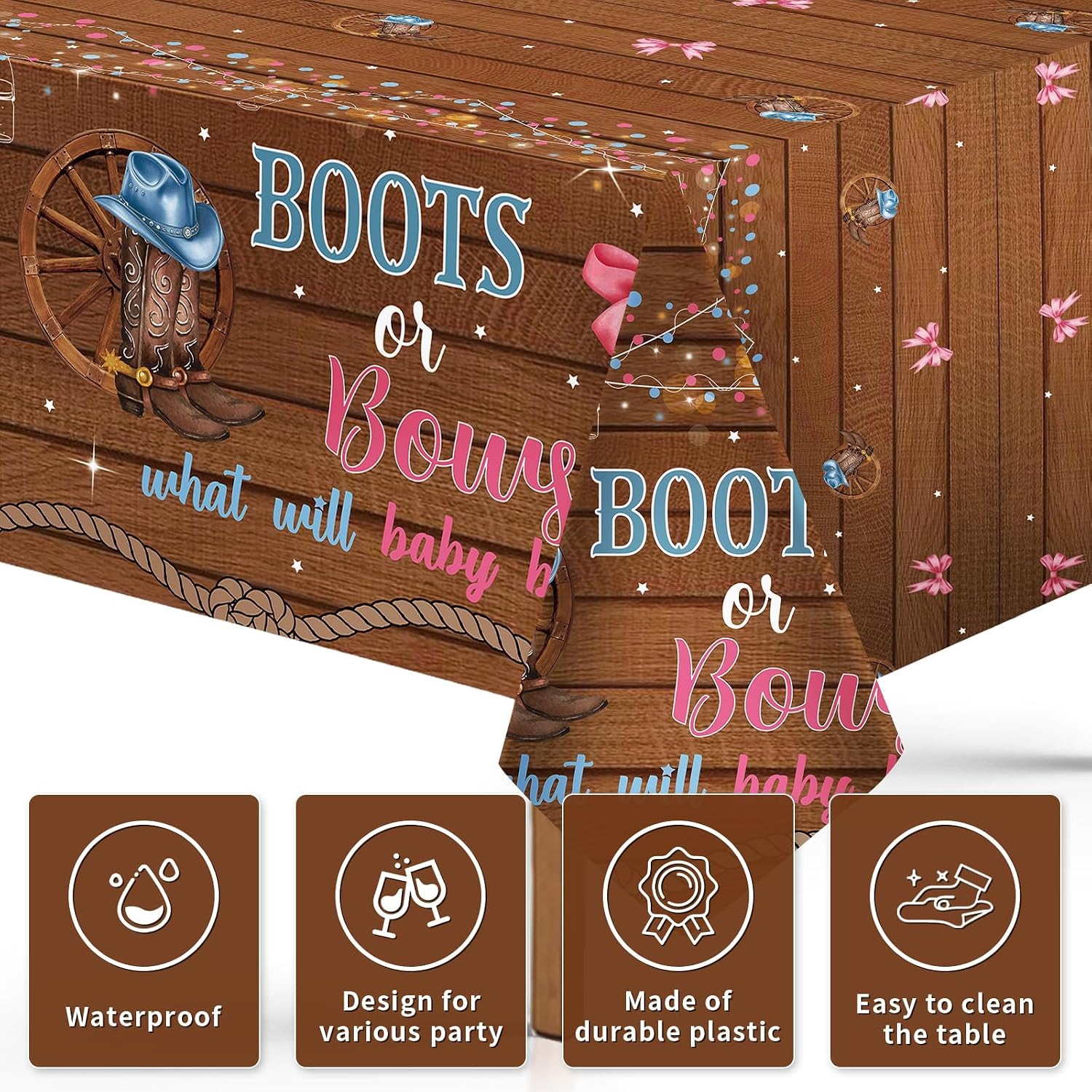 3Pcs Boots or Bows Gender Reveal Tablecloth 54" x 108" - Blue or Pink Cowboy Western Rectangle Table Cloth - Grencian