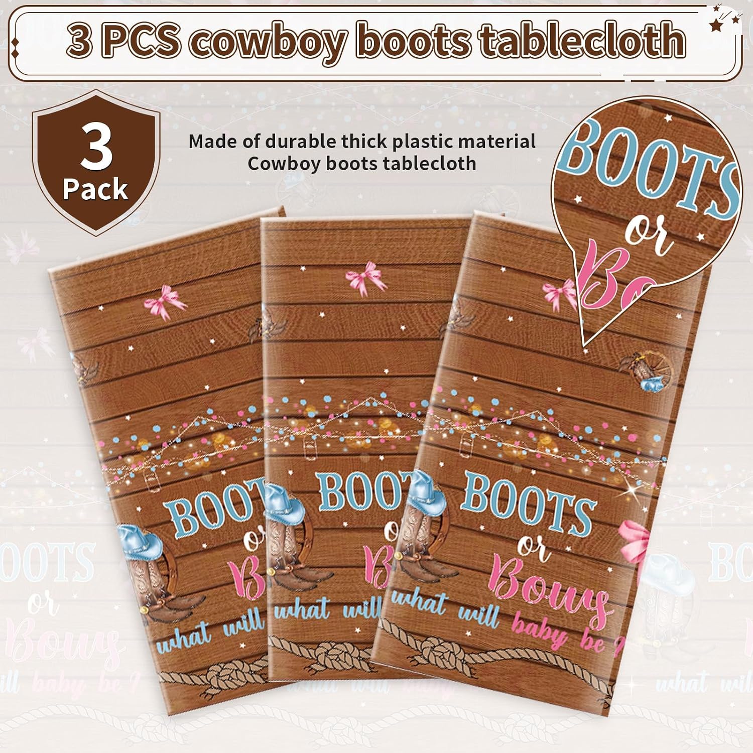 3Pcs Boots or Bows Gender Reveal Tablecloth 54" x 108" - Blue or Pink Cowboy Western Rectangle Table Cloth - Grencian