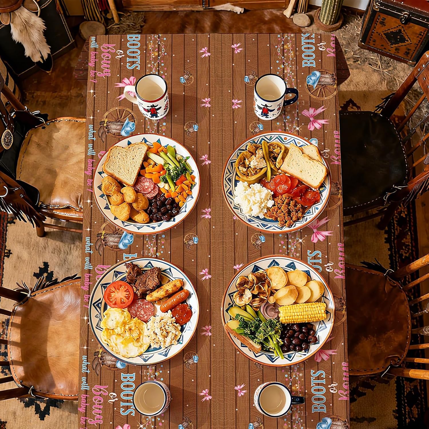 3Pcs Boots or Bows Gender Reveal Tablecloth 54" x 108" - Blue or Pink Cowboy Western Rectangle Table Cloth - Grencian