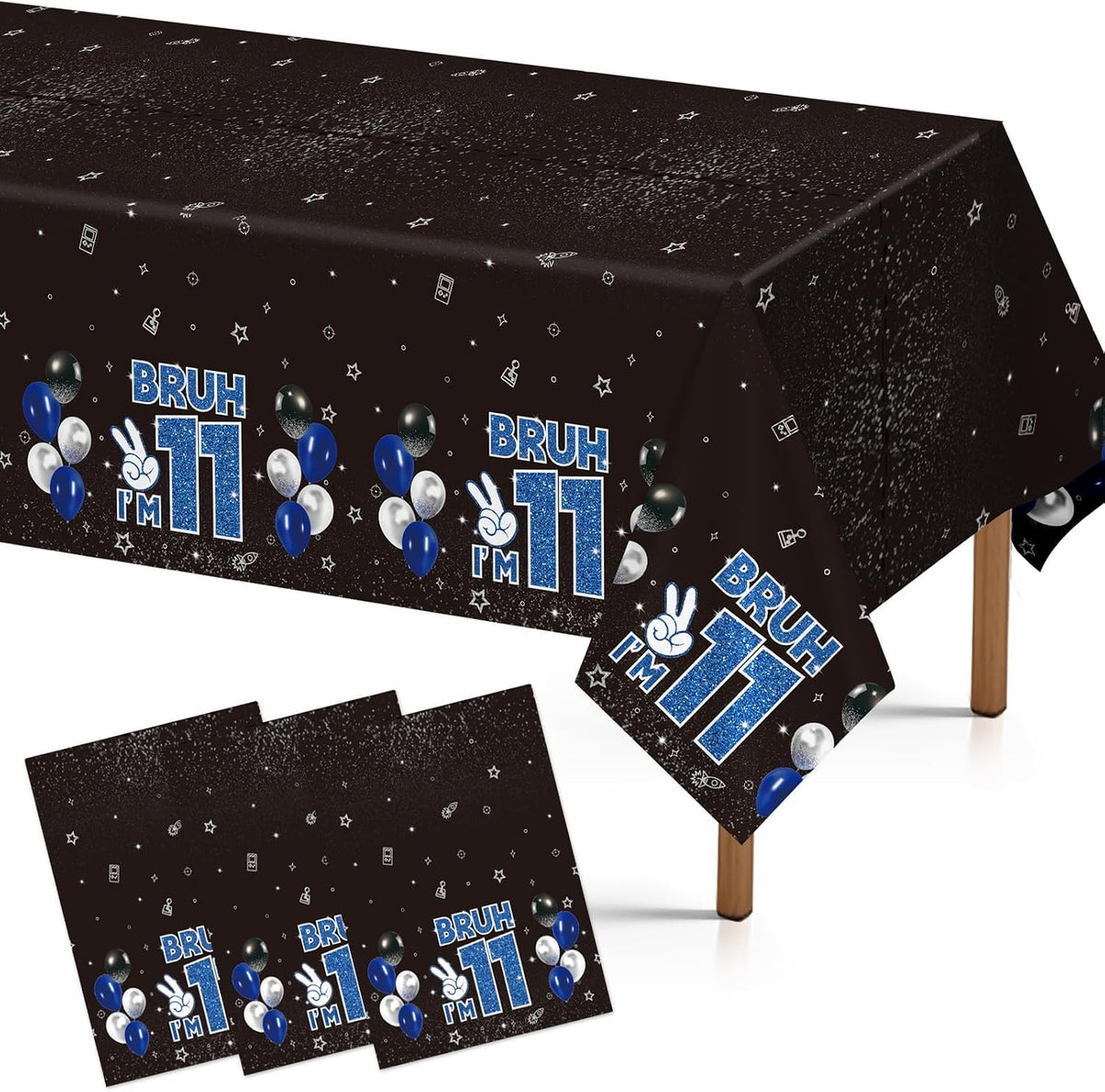 3Pcs Bruh I'm 11 Birthday Tablecloth 54" x 108" - Black Blue 11th Birthday Plastic Rectangle Table Cover - Grencian