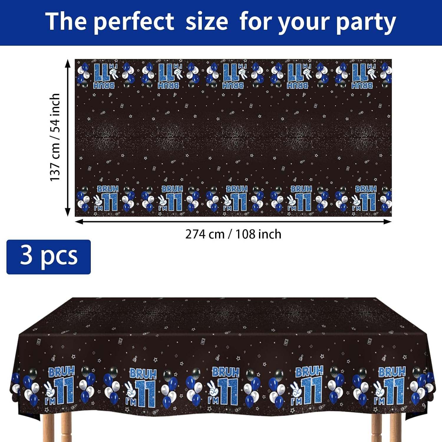 3Pcs Bruh I'm 11 Birthday Tablecloth 54" x 108" - Black Blue 11th Birthday Plastic Rectangle Table Cover - Grencian