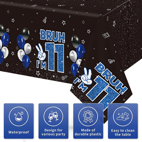 3Pcs Bruh I'm 11 Birthday Tablecloth 54" x 108" - Black Blue 11th Birthday Plastic Rectangle Table Cover - Grencian