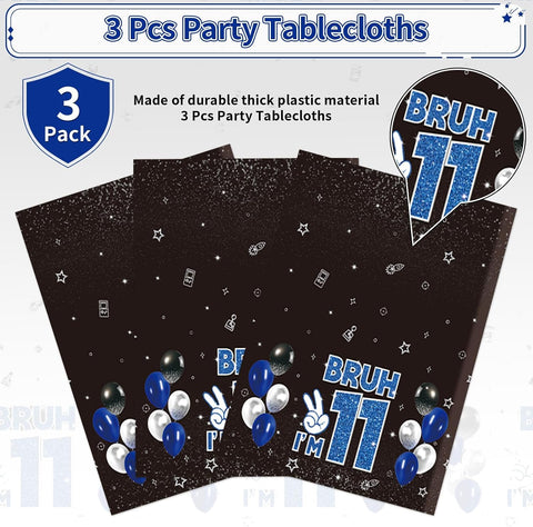 3Pcs Bruh I'm 11 Birthday Tablecloth 54" x 108" - Black Blue 11th Birthday Plastic Rectangle Table Cover - Grencian
