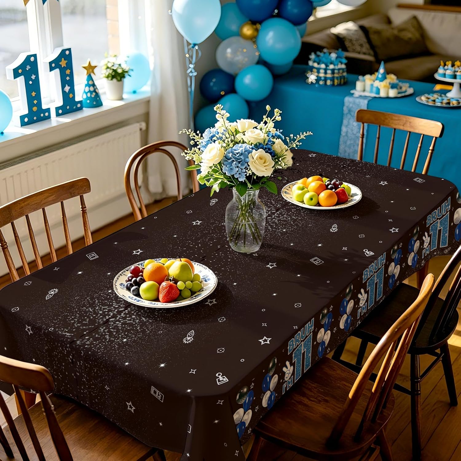 3Pcs Bruh I'm 11 Birthday Tablecloth 54" x 108" - Black Blue 11th Birthday Plastic Rectangle Table Cover - Grencian