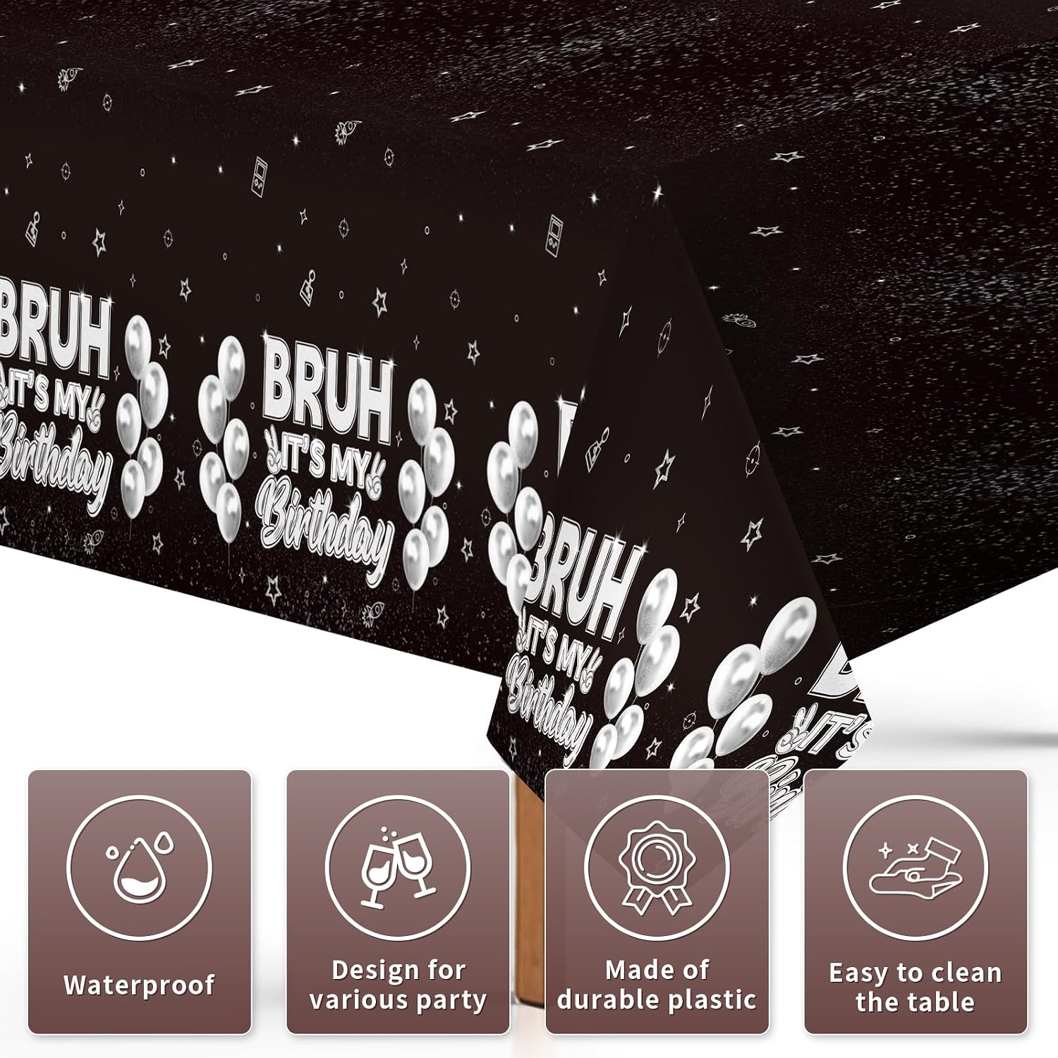 3Pcs Bruh It's My Birthday Tablecloth 54" x 108" - Black White Silver Rectangle Table Cover for Boys Teens - Grencian