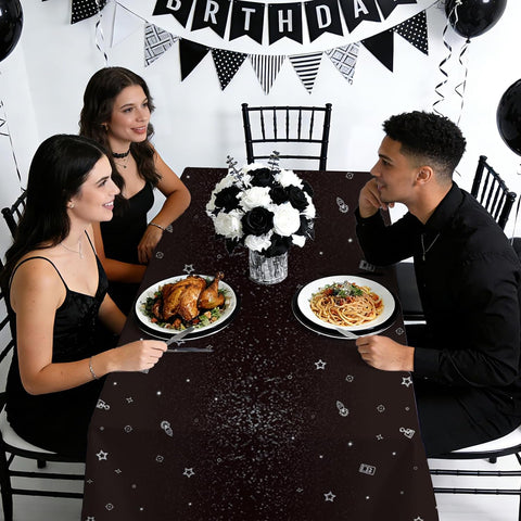 3Pcs Bruh It's My Birthday Tablecloth 54" x 108" - Black White Silver Rectangle Table Cover for Boys Teens - Grencian