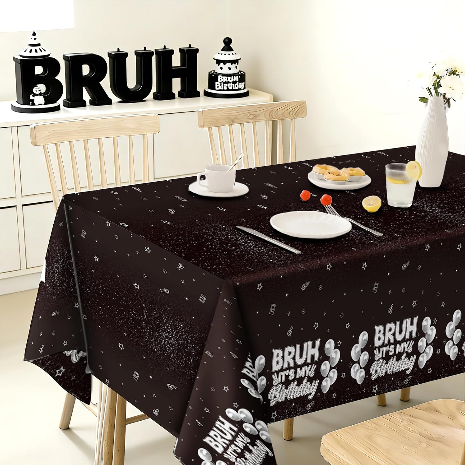 3Pcs Bruh It's My Birthday Tablecloth 54" x 108" - Black White Silver Rectangle Table Cover for Boys Teens - Grencian