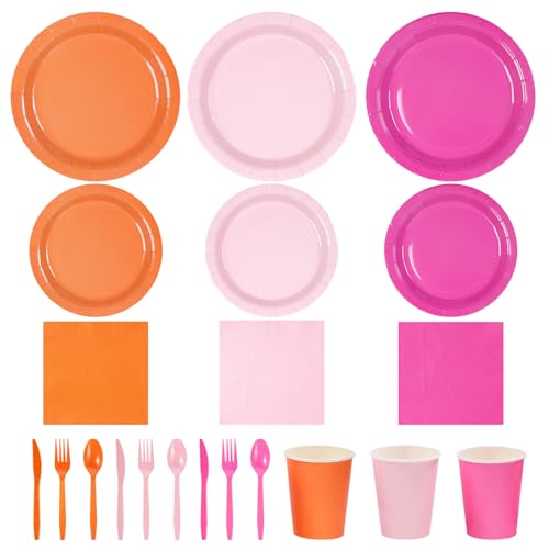 420 Pcs Pink Orange Plates Napkins Cups Forks - Grencian