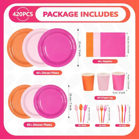 420 Pcs Pink Orange Plates Napkins Cups Forks - Grencian