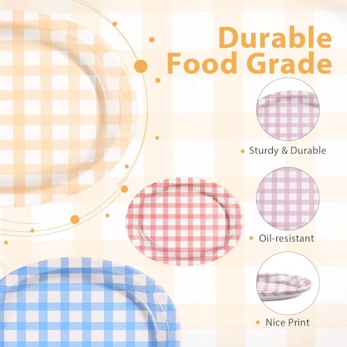 48 Pcs Pastel Gingham Oval Paper Plates - Grencian