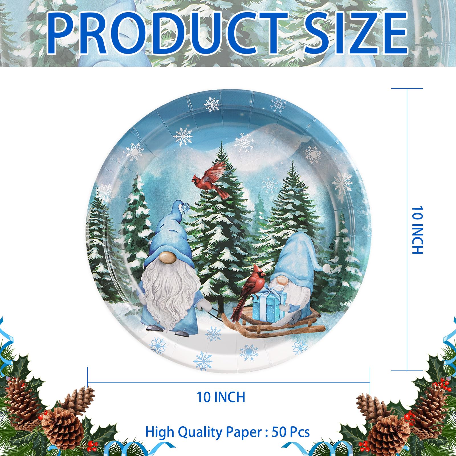 50 Pcs 10 Inch Blue Gnome Party Paper Plates - Grencian