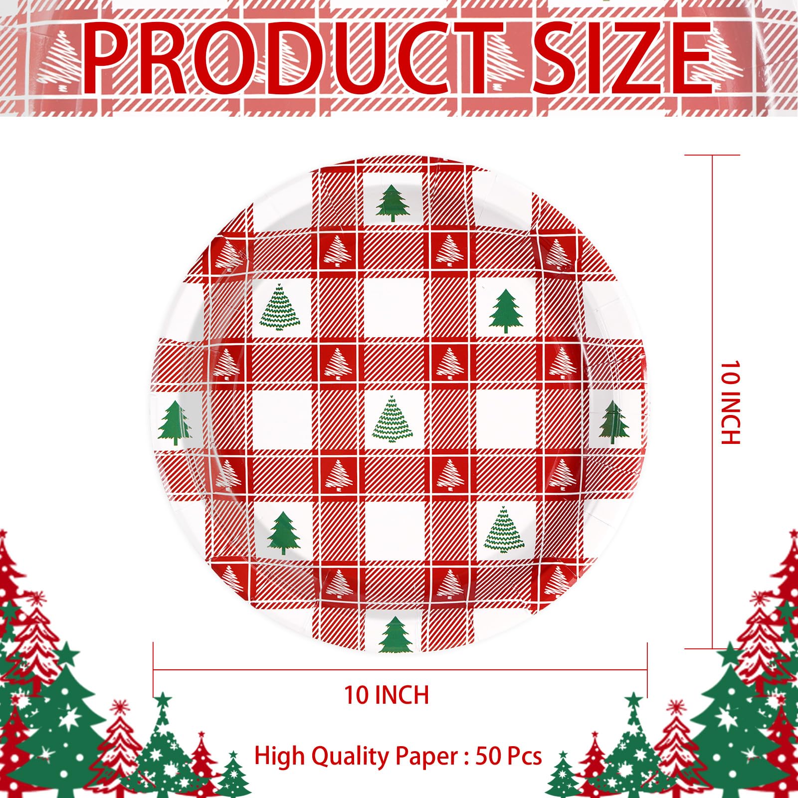 50 Pcs 10 Inch Christmas Red Gingham Party Paper Plates - Grencian