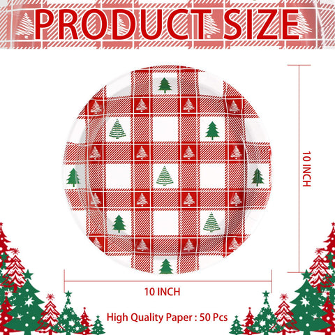 50 Pcs 10 Inch Christmas Red Gingham Party Paper Plates - Grencian