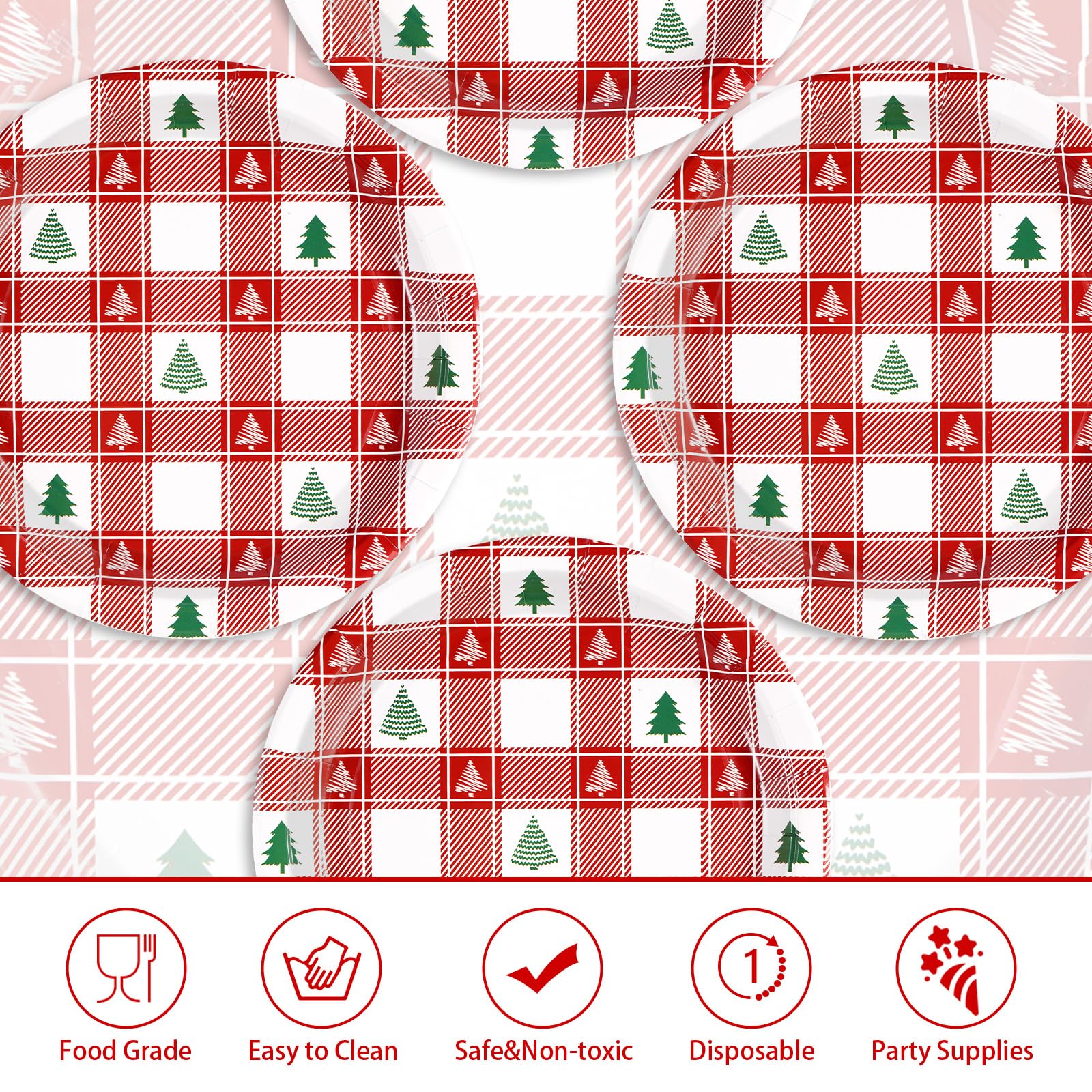 50 Pcs 10 Inch Christmas Red Gingham Party Paper Plates - Grencian