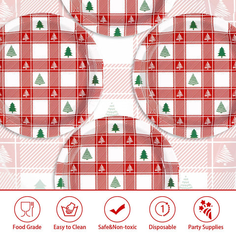 50 Pcs 10 Inch Christmas Red Gingham Party Paper Plates - Grencian