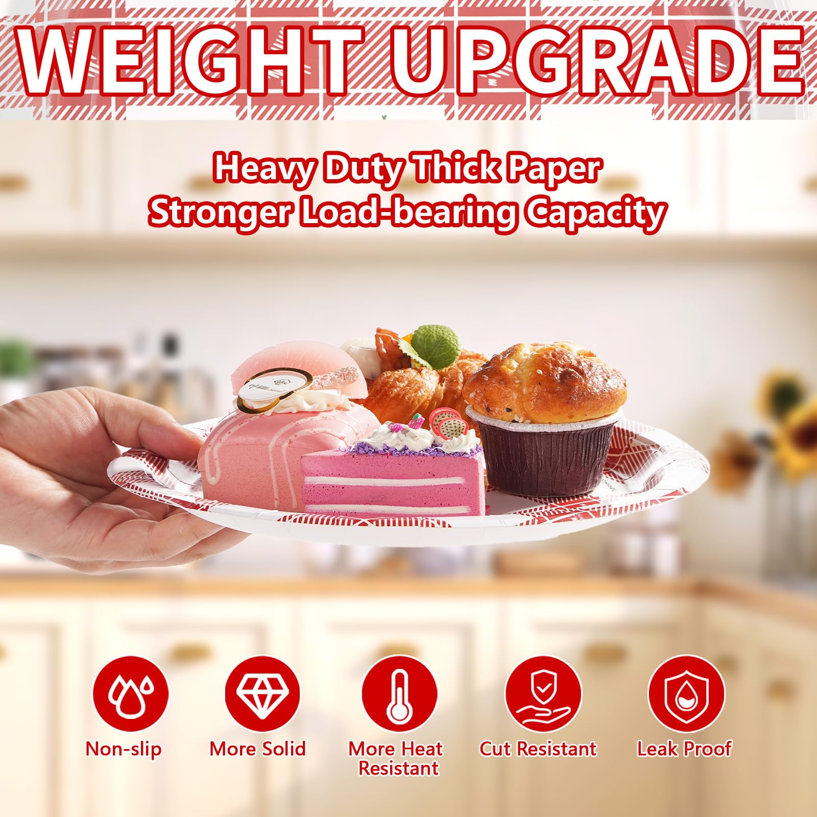 50 Pcs 10 Inch Christmas Red Gingham Party Paper Plates - Grencian