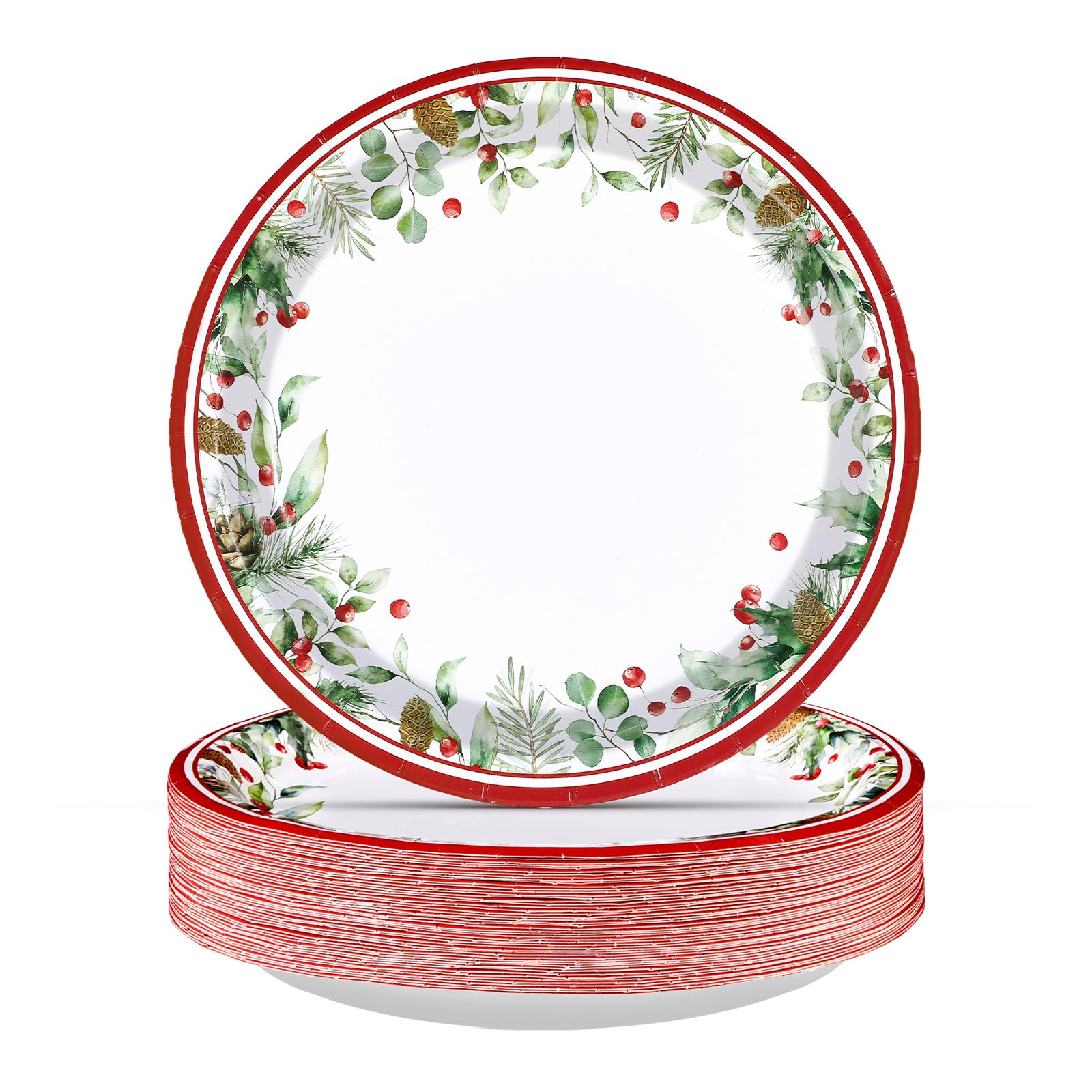 50 Pcs 10 Inch Holly Leaves Berries Party Paper Plates - Grencian