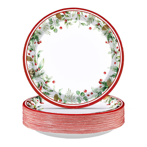 50 Pcs 10 Inch Holly Leaves Berries Party Paper Plates - Grencian