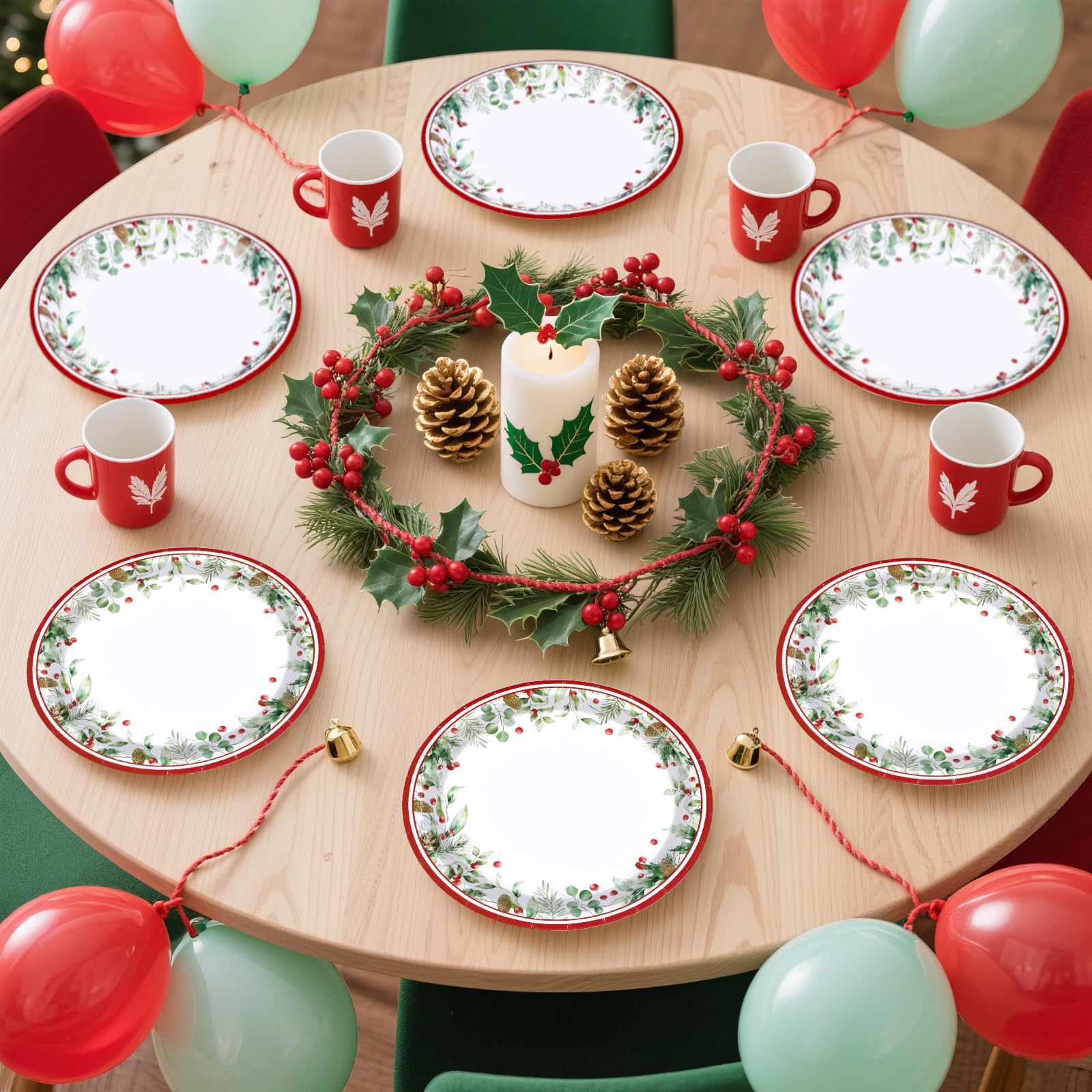 50 Pcs 10 Inch Holly Leaves Berries Party Paper Plates - Grencian