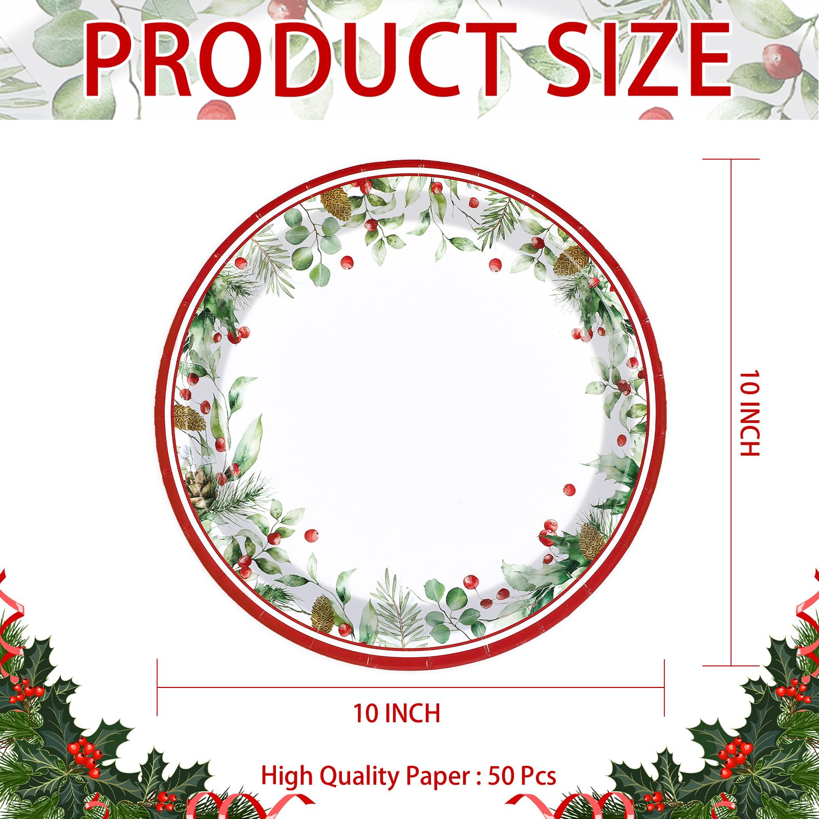 50 Pcs 10 Inch Holly Leaves Berries Party Paper Plates - Grencian