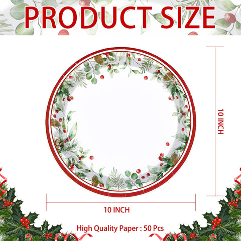 50 Pcs 10 Inch Holly Leaves Berries Party Paper Plates - Grencian