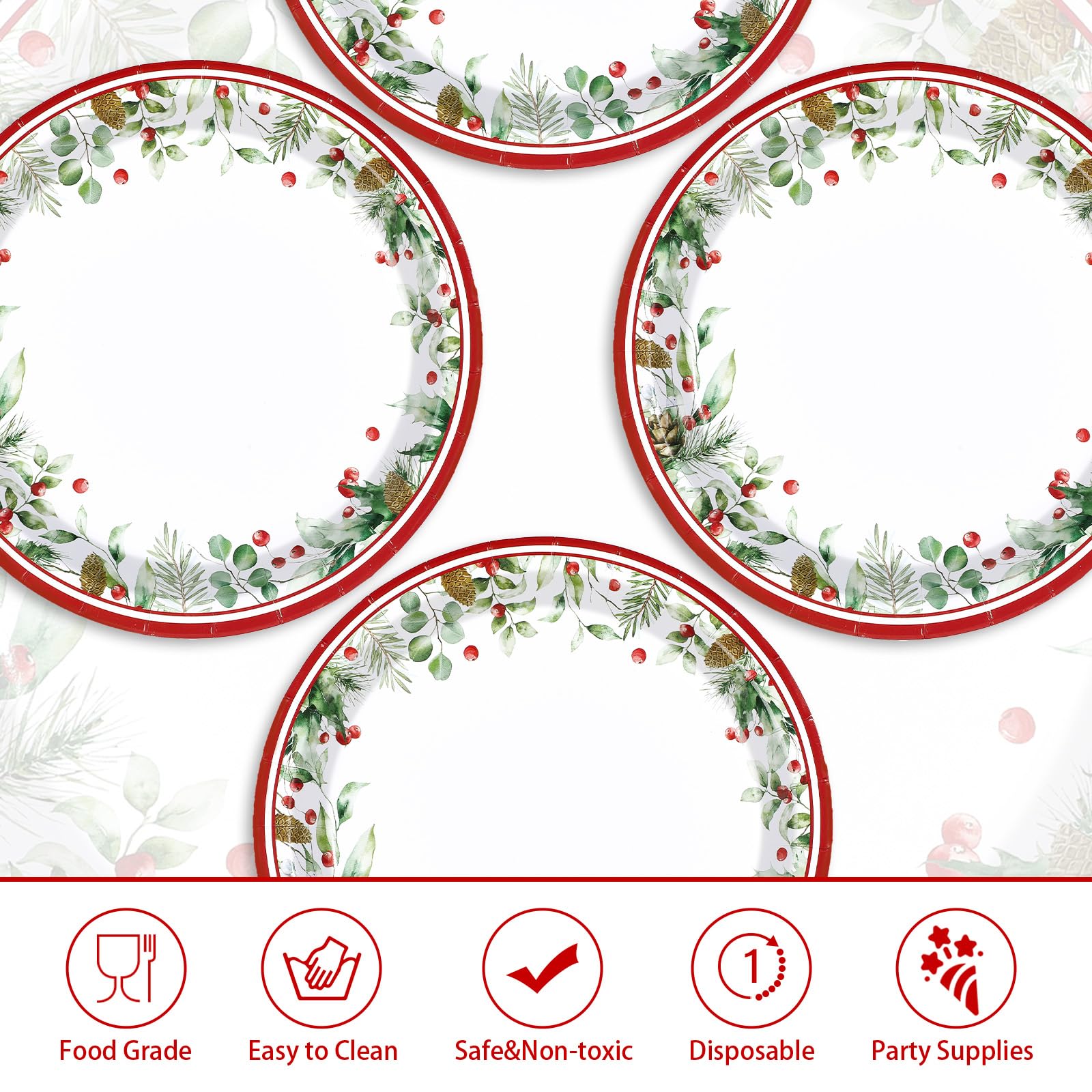 50 Pcs 10 Inch Holly Leaves Berries Party Paper Plates - Grencian