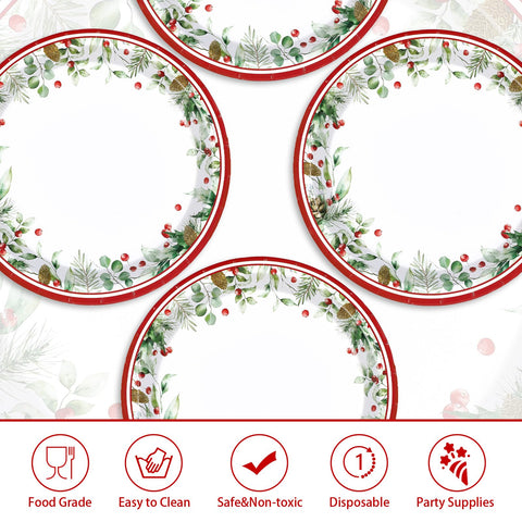50 Pcs 10 Inch Holly Leaves Berries Party Paper Plates - Grencian