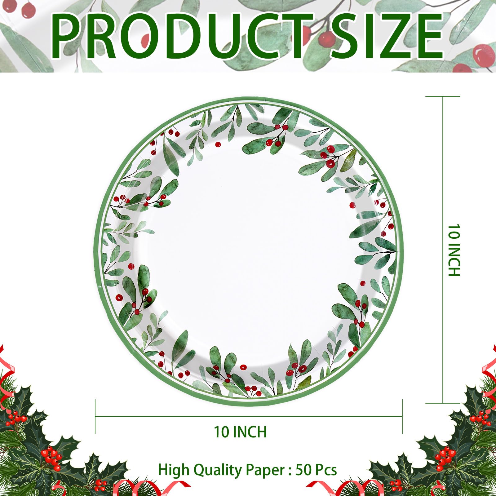 50 Pcs 10 Inch Mistletoe Berry Party Paper Plates - Grencian